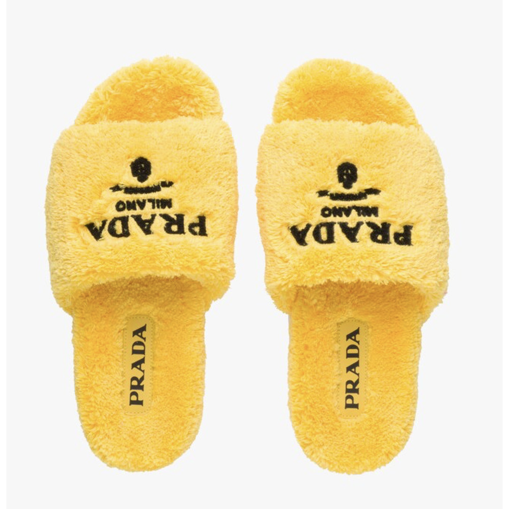 Prada Yellow Terry Cloth Black Logo Slide Sandal Rubber Sole Flip Flop Flat 38 - Picture 1 of 12